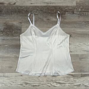 Vintage Ivory Satin Camisole Lace Trim Lingerie Slip Top Adjustable Straps S/M